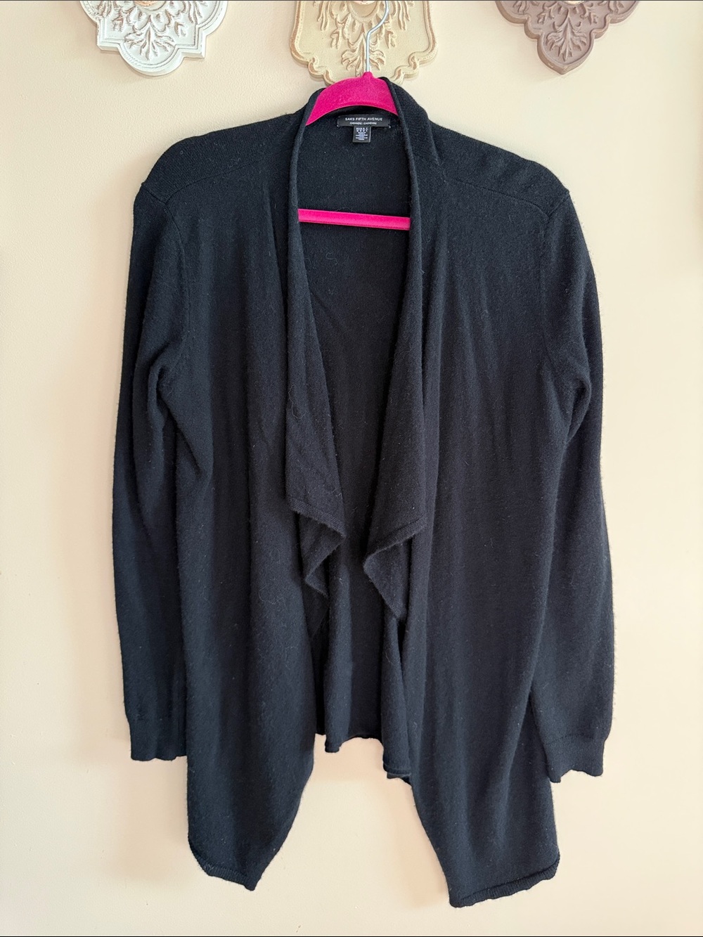 Saks Fifth Avenue Black Draped Open-Front 100% Cashmere Cardigan Sz M